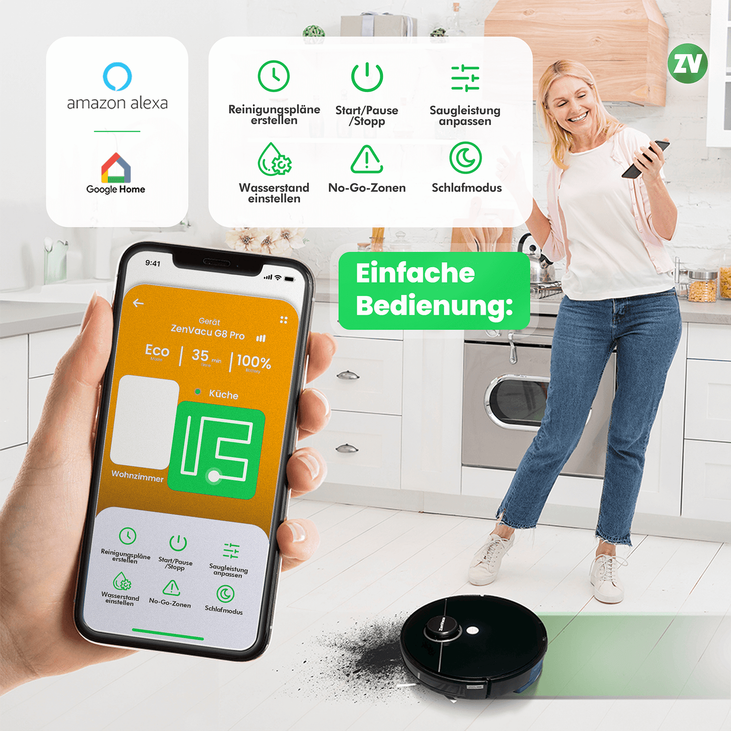 Einfache App-Steuerung mit dem ZenVacu G8 Pro Saugroboter, auch intelligent steuerbar mit Alexa und Google Home.
