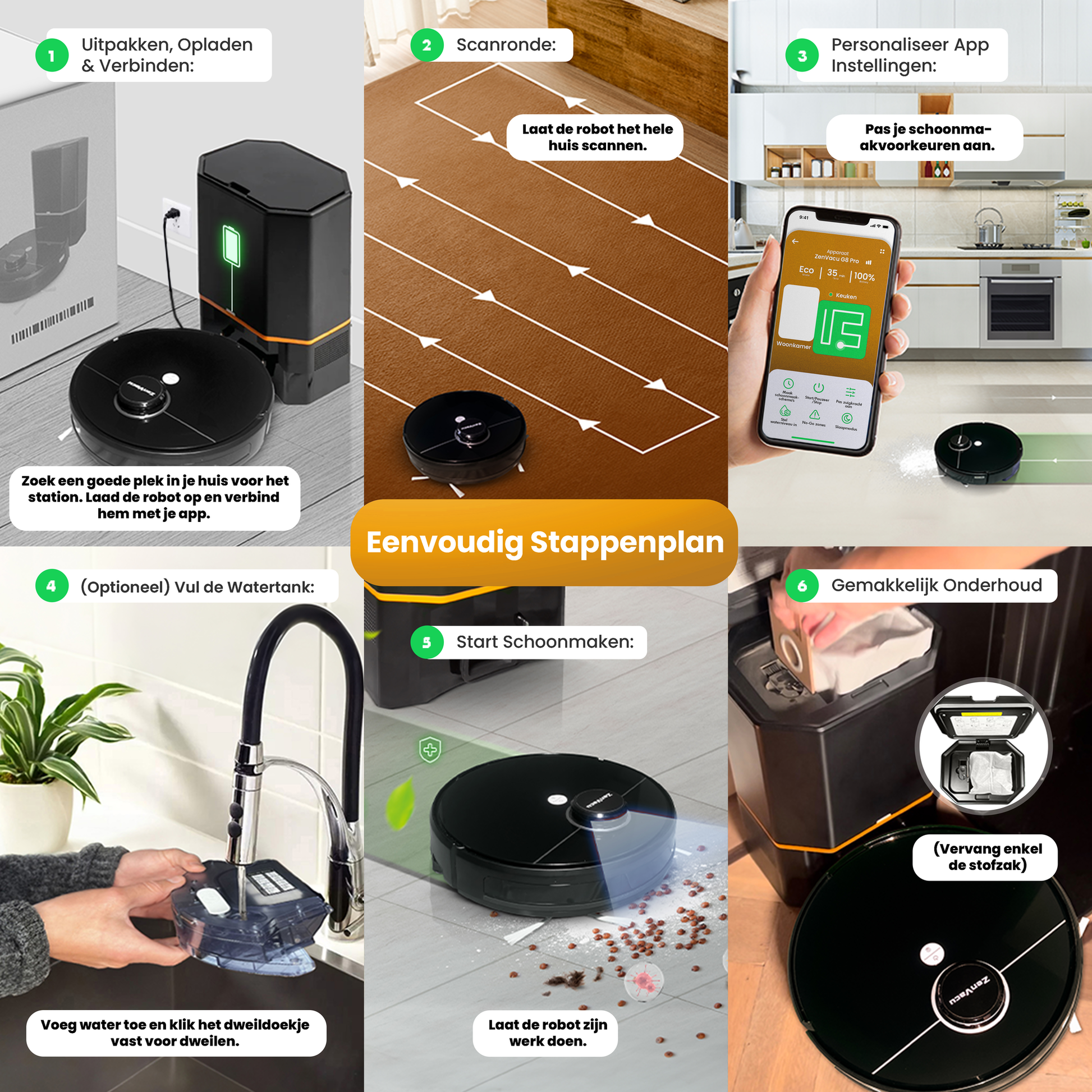 Hoe werkt een robotstofzuiger, de ZenVacu G8 Pro, duidelijk stappenplan van ontvangen tot gebruiken tot onderhouden