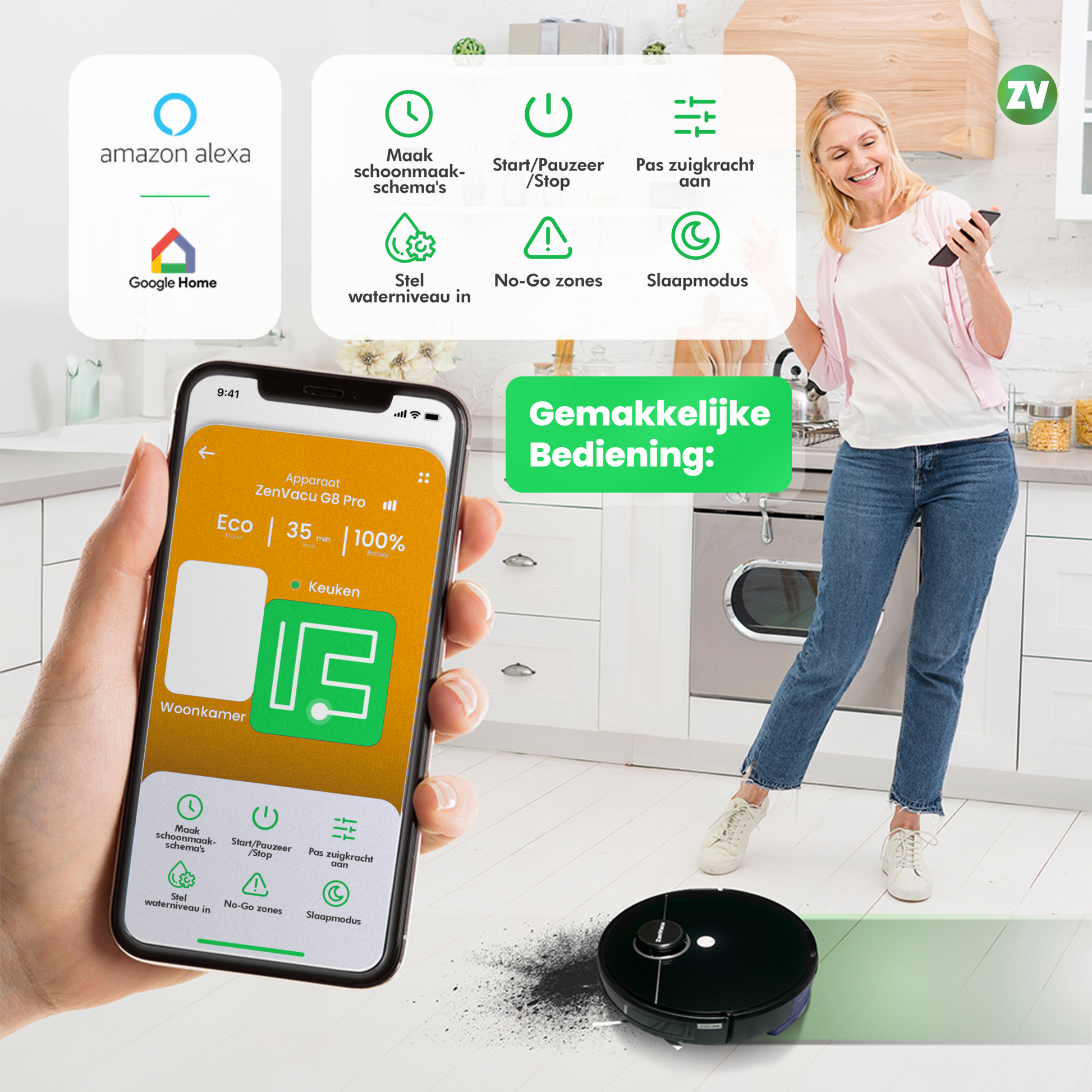 Gemakkelijke App Bediening Met de ZenVacu G8 Pro Robotstofzuiger, Ook slim te bedienen met Alexa en Google Home