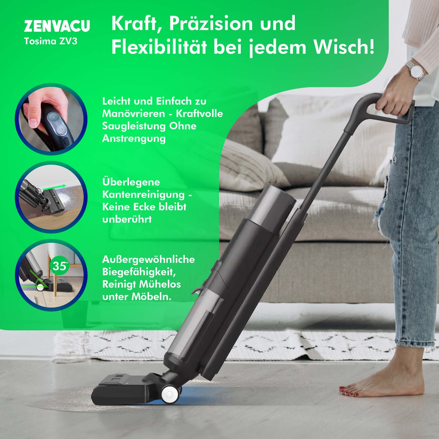 Tosima ZV3 Multi 3-in-1 Stick Vacuum with Mopping - ZenVacu