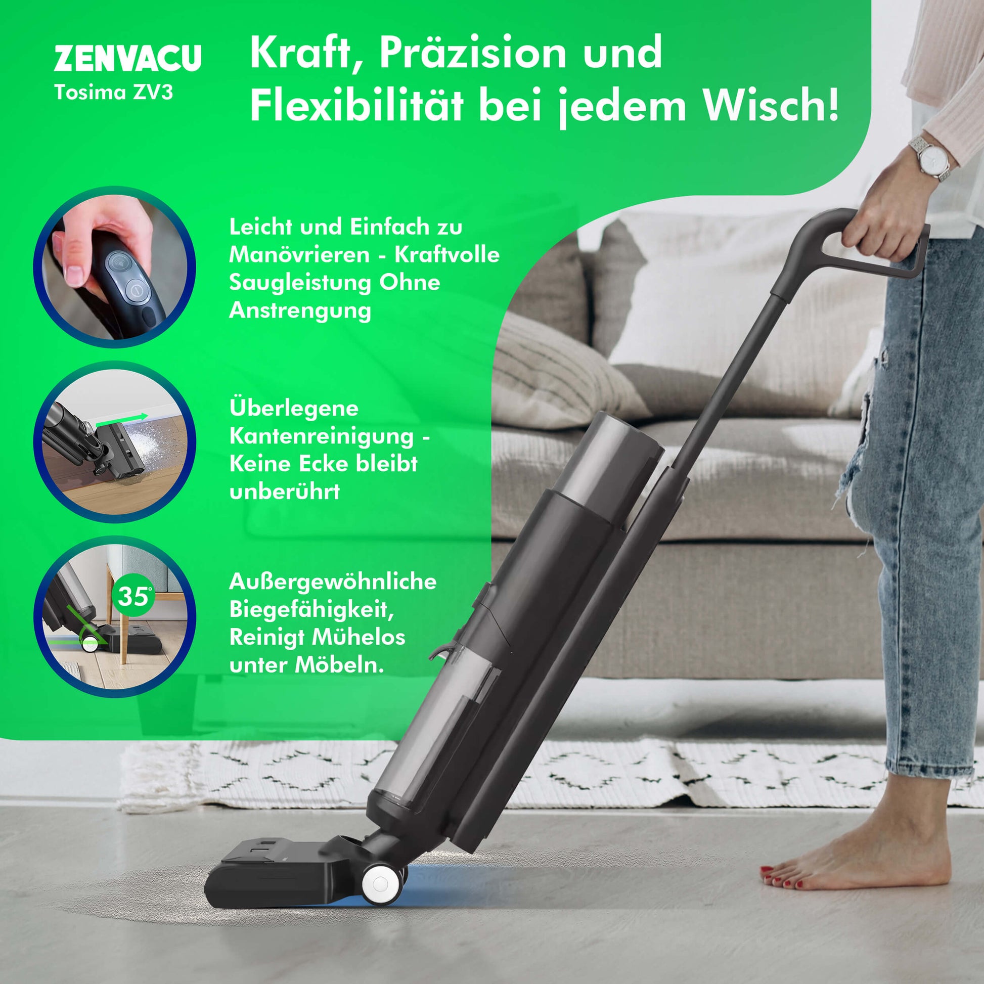Tosima ZV3 Multi 3-in-1 Stick Vacuum with Mopping - ZenVacu