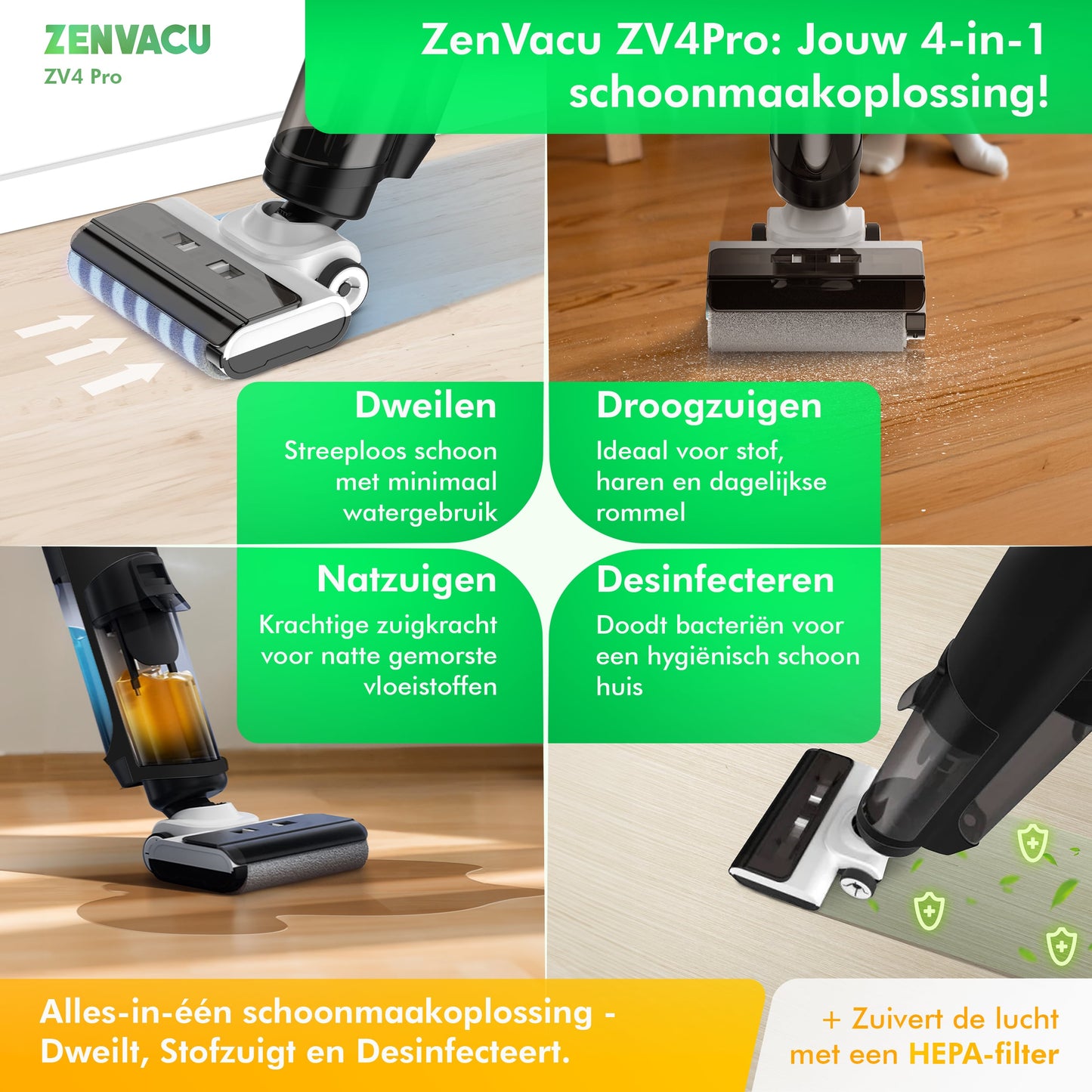 ZenVacu ZV4 Pro Steelstofzuiger met Dweilfunctie